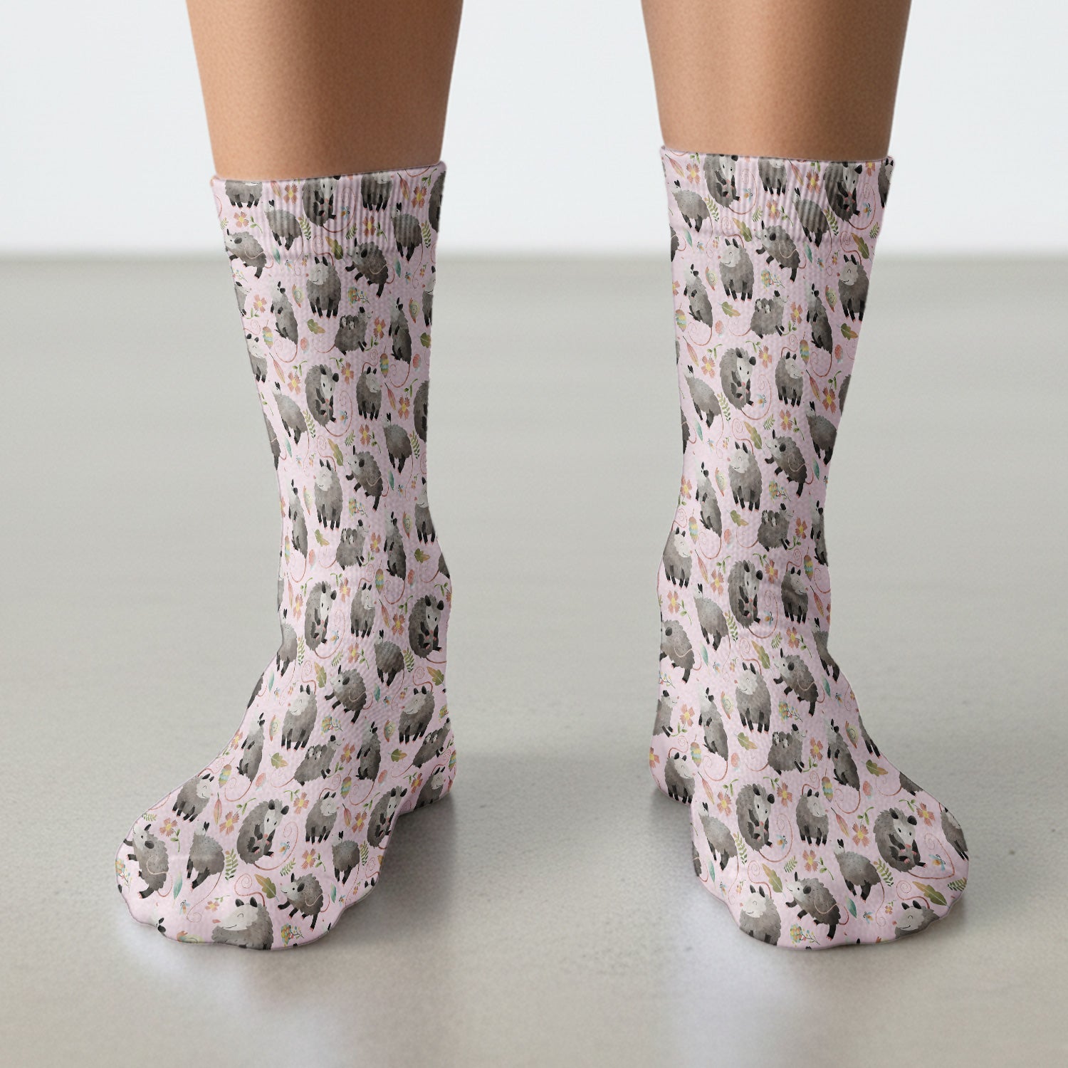 Cute Opossum Playing Flower Garden Pattern Socks, Adult Socks for Men and Women