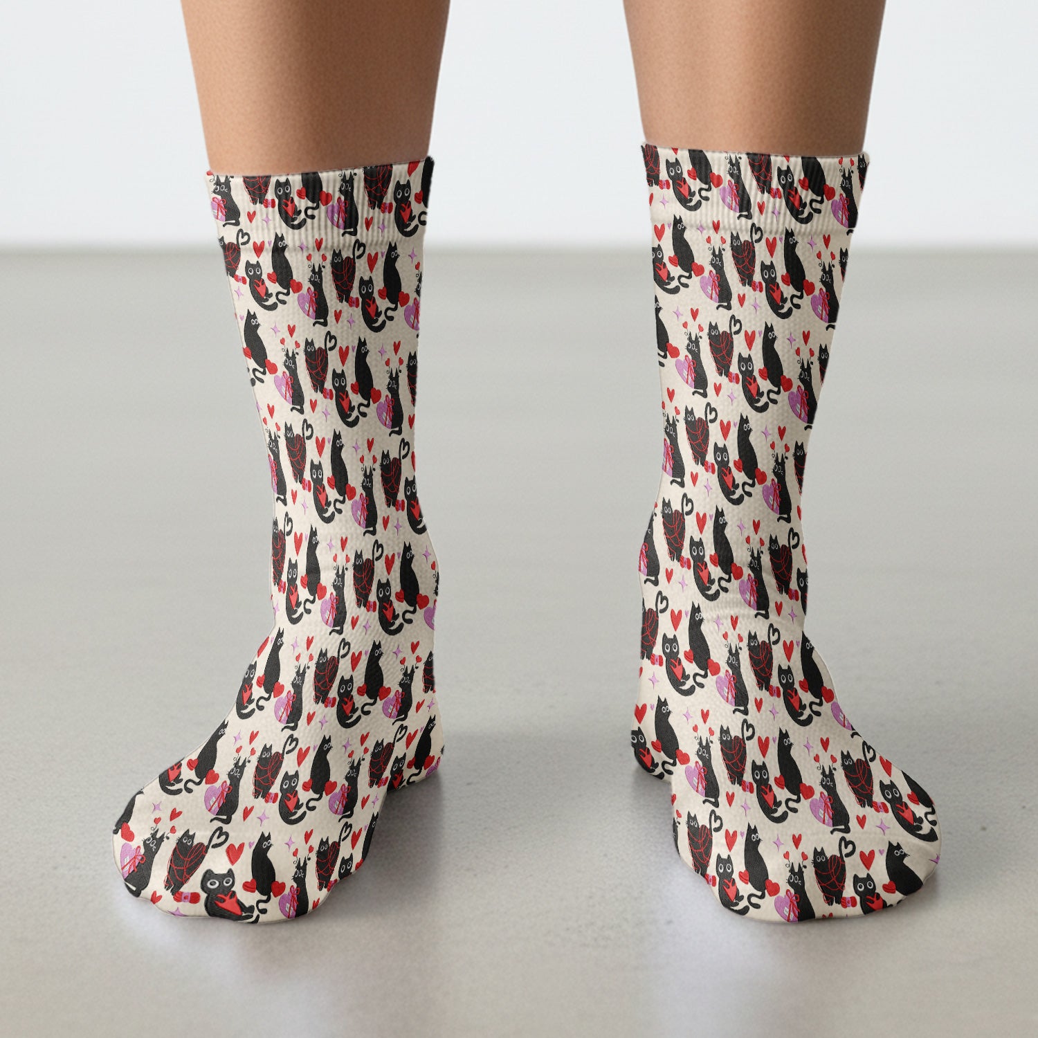 Valentine’s Day Scrub Socks, Cute Black Cat With Heart Pattern Nurse Sock, Breathable Fabrics Nursing Uniform