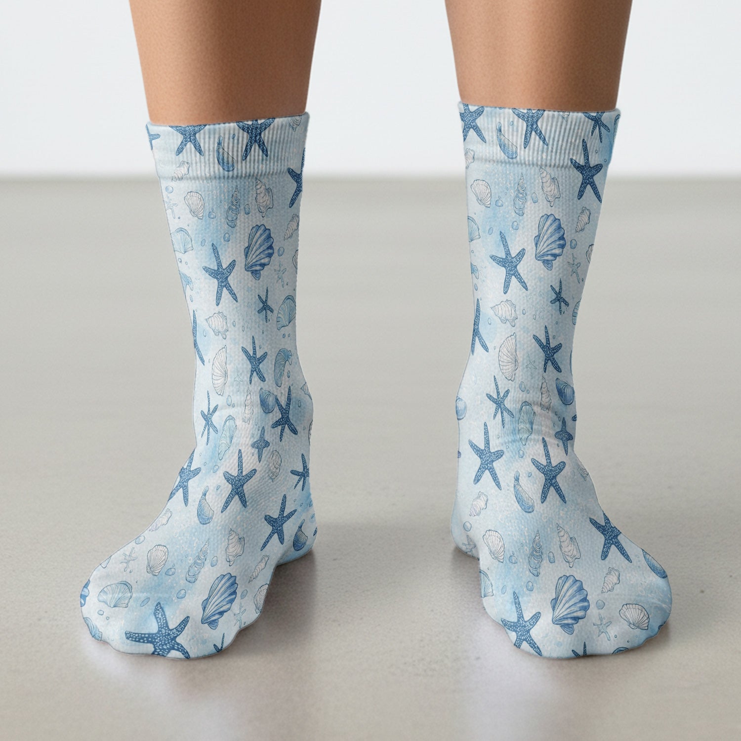Blue Sea Shells Starfish Pattern Socks, Adult Socks for Men and Women