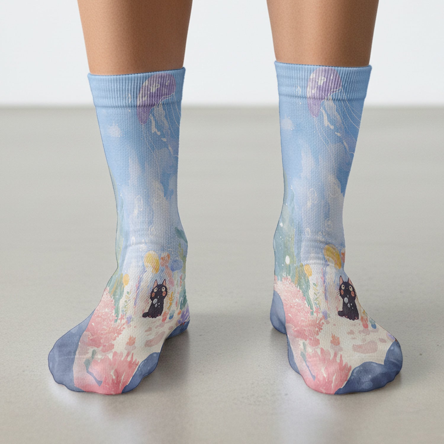 Cute Underwater Black Cat Jellyfish Pattern Print Socks, Adult Socks for Men and Women