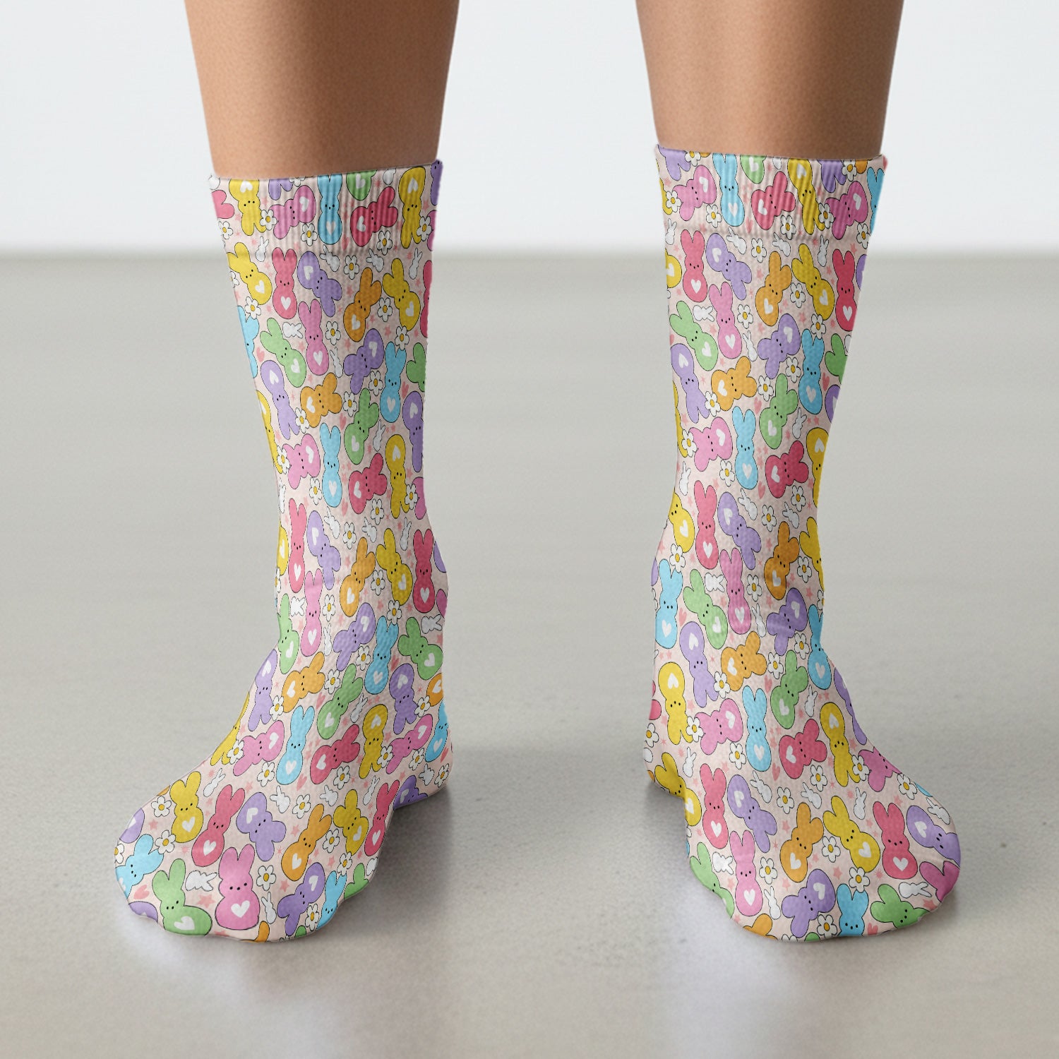 Sweet Pastel Bunny Daisy Pattern Socks, Adult Socks for Men and Women