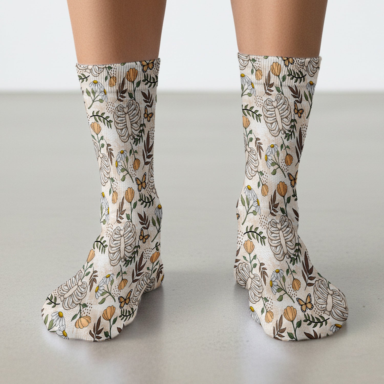 Skeleton Ribcage With Daisy And Butterfly Floral Socks, Adult Socks for Men and Women