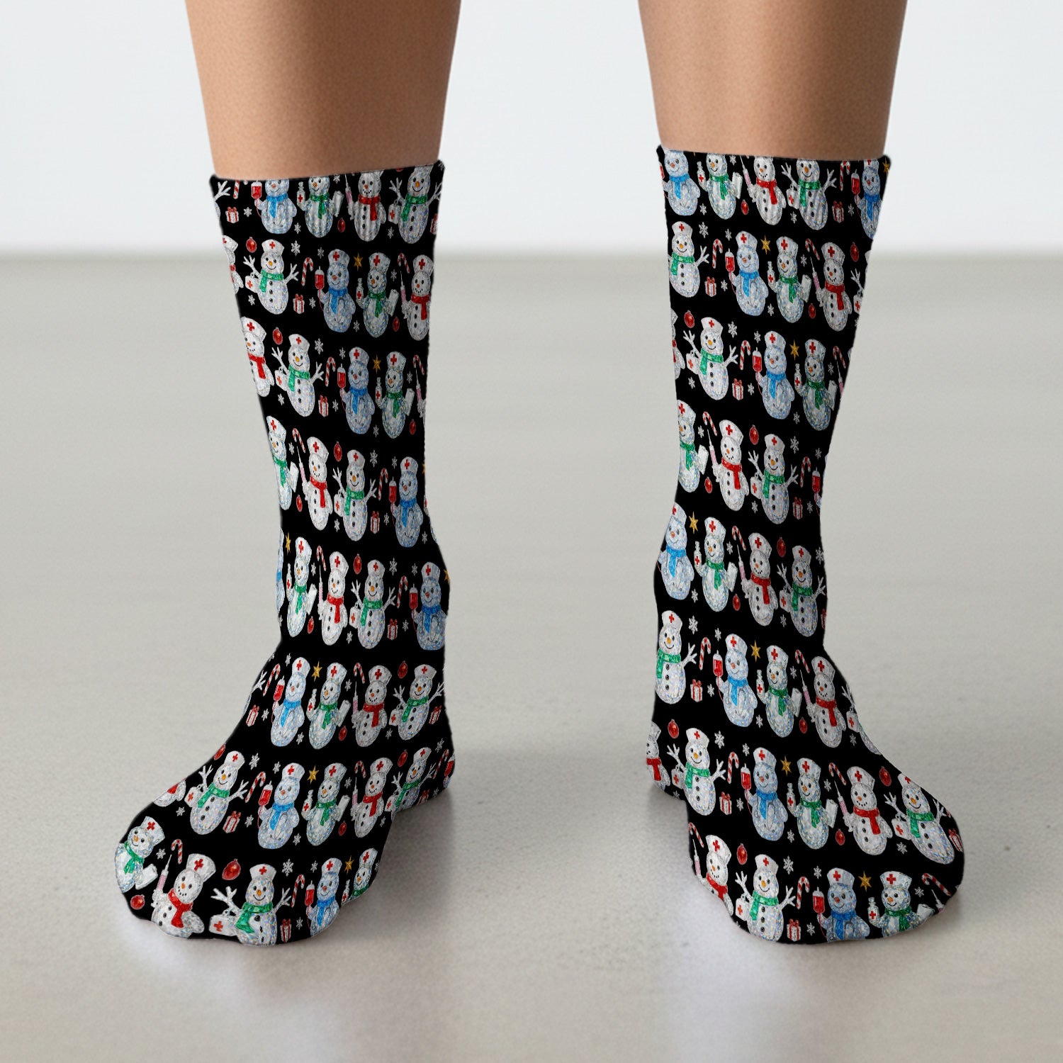 Nurse Snowman Christmas Scrub Socks, Cute Holiday Medical Pattern Sock For Women, Winter Snowflake Nursing Uniform