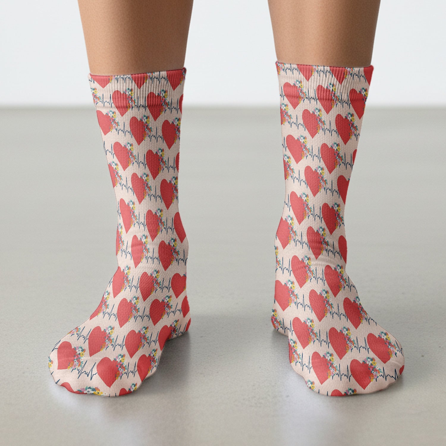 Nurse Heartbeat Floral Pattern Print Socks, Adult Socks for Men and Women