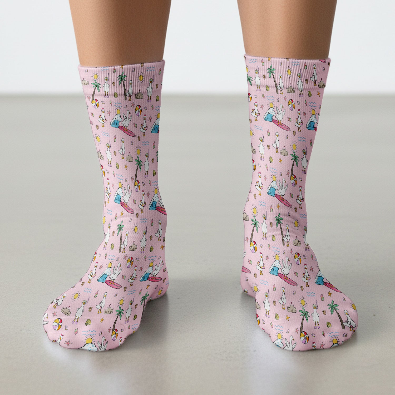 Cute Nurse Seagull Surfboard Beach Palm Tree Pattern Socks, Adult Socks for Men and Women
