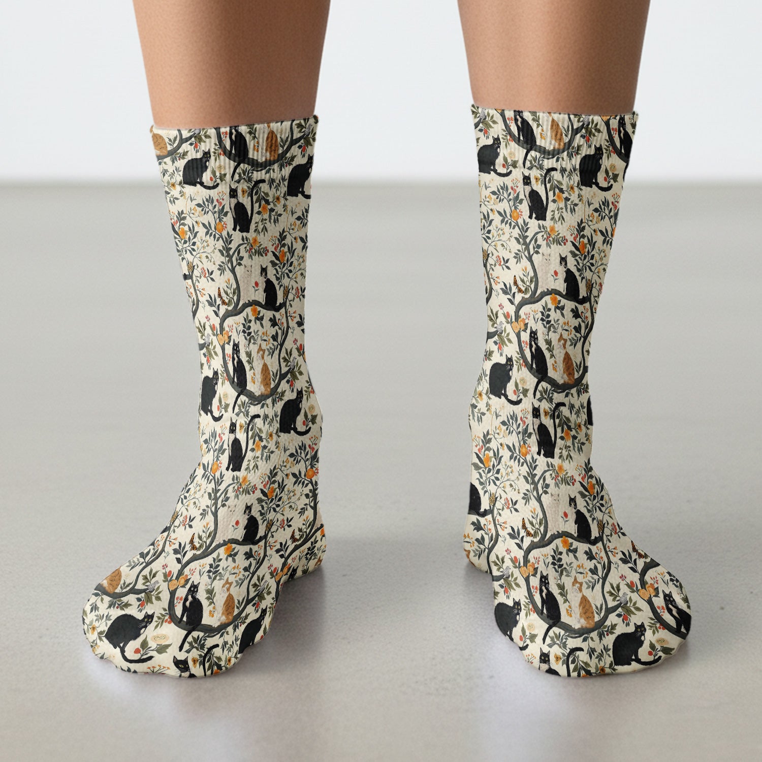 Vintage Black Cat Floral Pattern Socks, Adult Socks for Men and Women