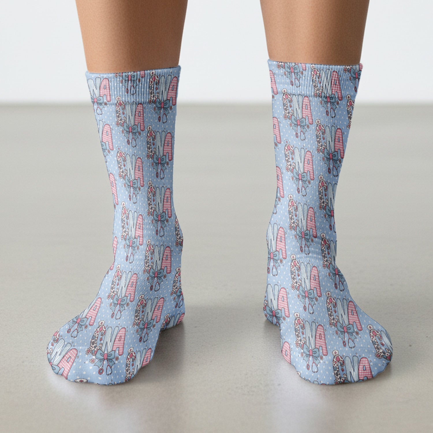 Cute CNA Floral Bow Pattern Print Socks, Adult Socks for Men and Women