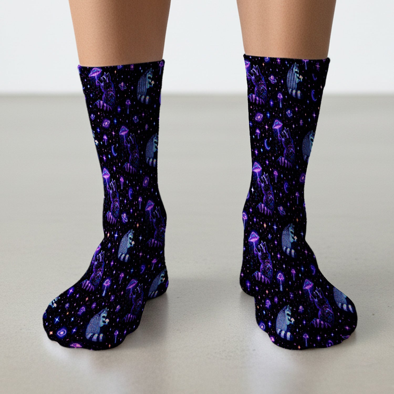 Cute Raccoon Mushroom Galaxy Pattern Socks, Adult Socks for Men and Women