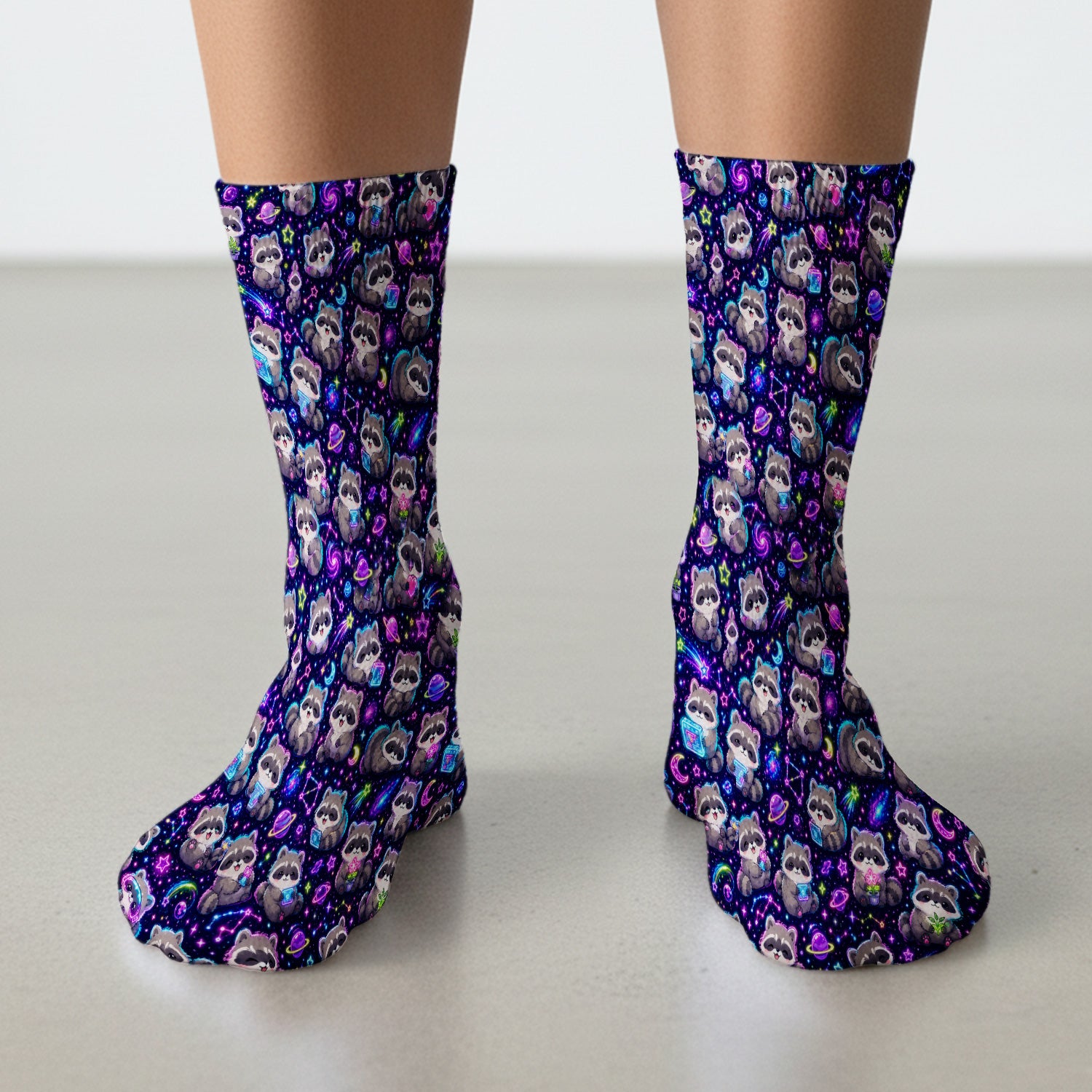 Neon Galaxy Raccoon Space Pattern Socks, Adult Socks for Men and Women