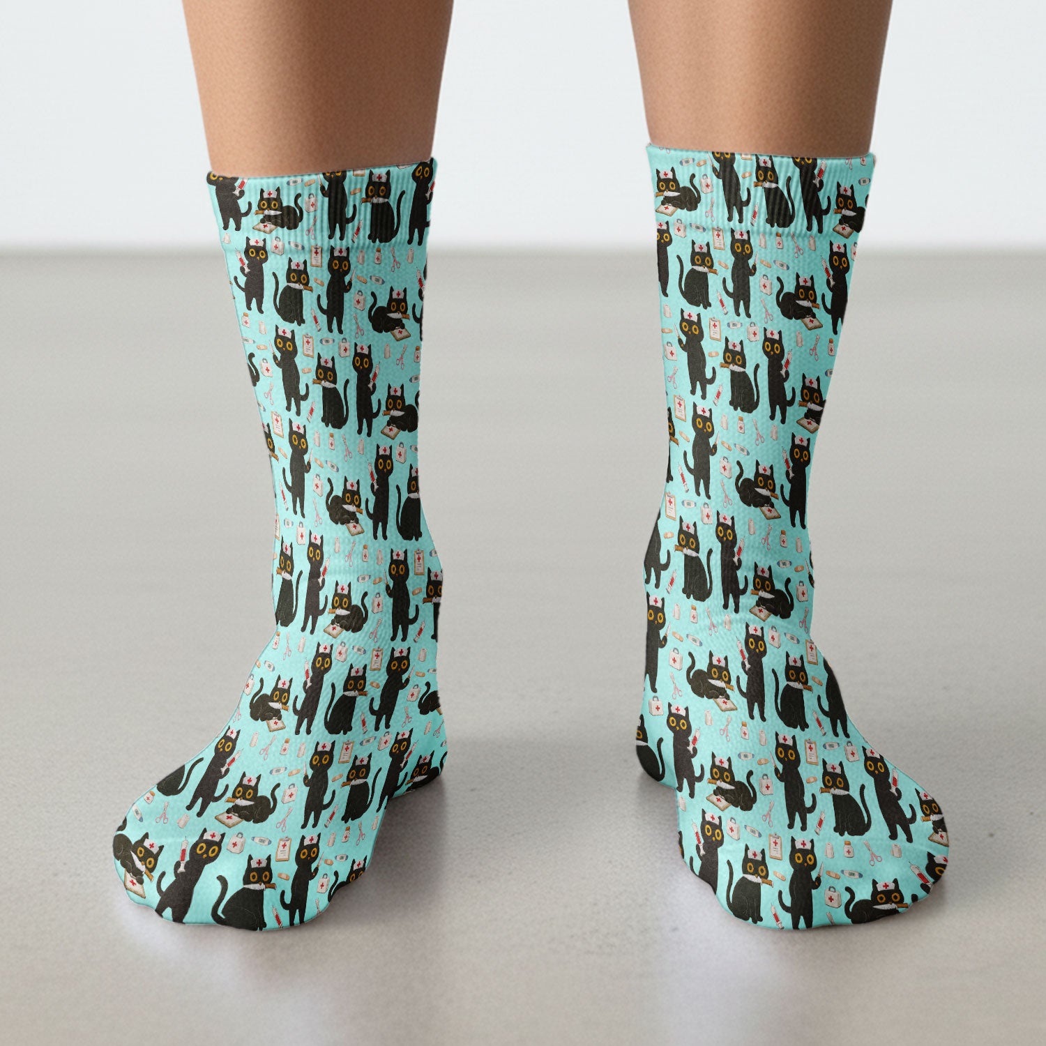 Cute Black Cat Nurse Pattern Medical Socks, Breathable Fabrics Medical Uniform