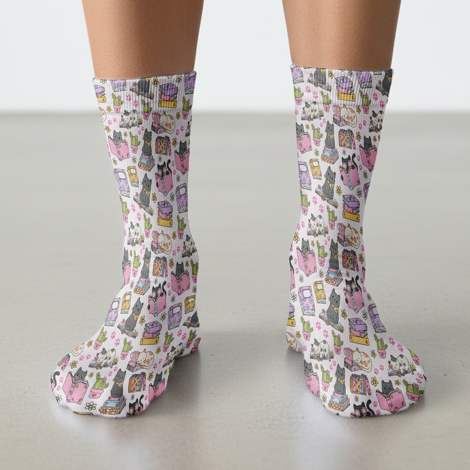 Cute Cat Book Cactus Seamless Pattern Socks, Adult Socks for Men and Women
