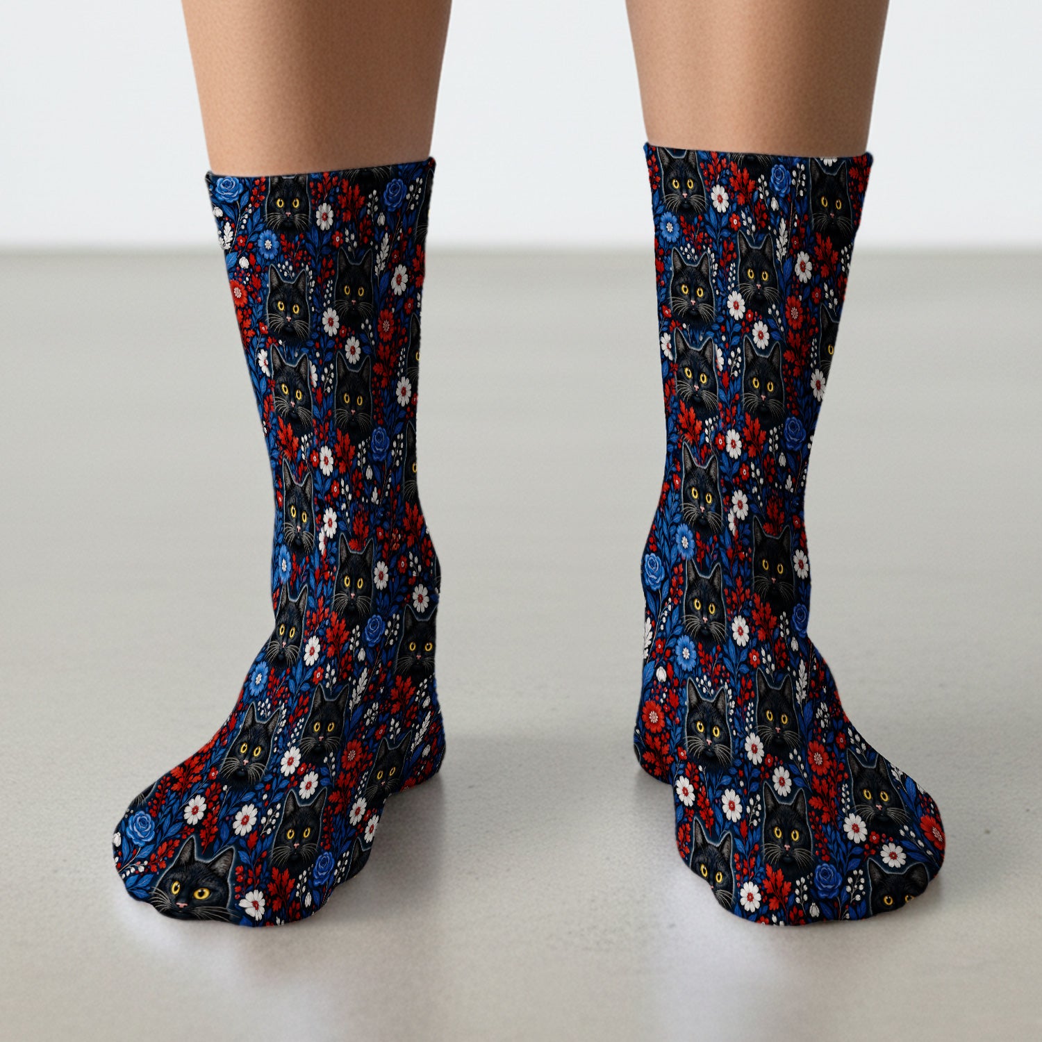 Black Cat Floral Nurse Pattern Socks, Adult Socks for Men and Women