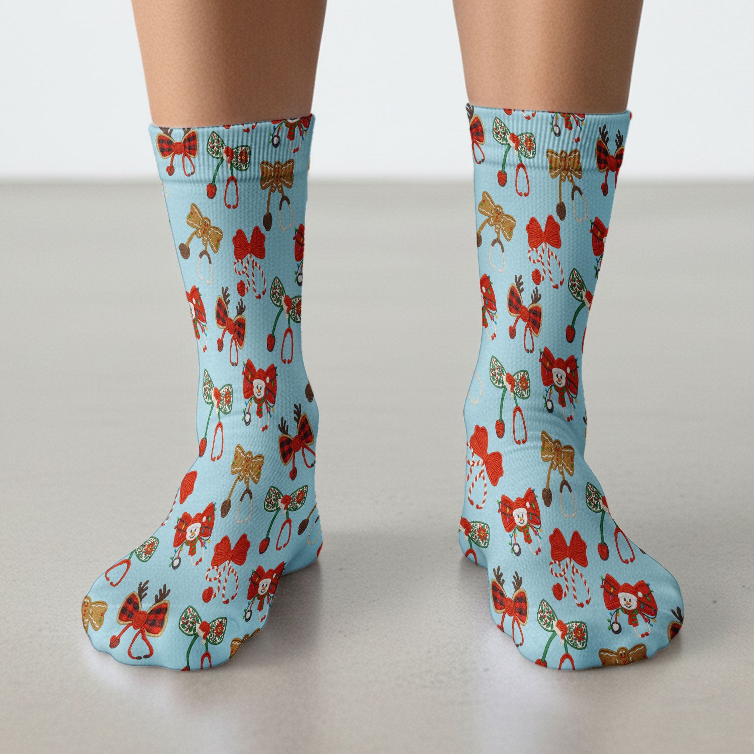 Christmas Stethoscope Bow Nurse Scrub Socks, Xmas Pattern Scrub Sock, Holiday Nursing Uniform