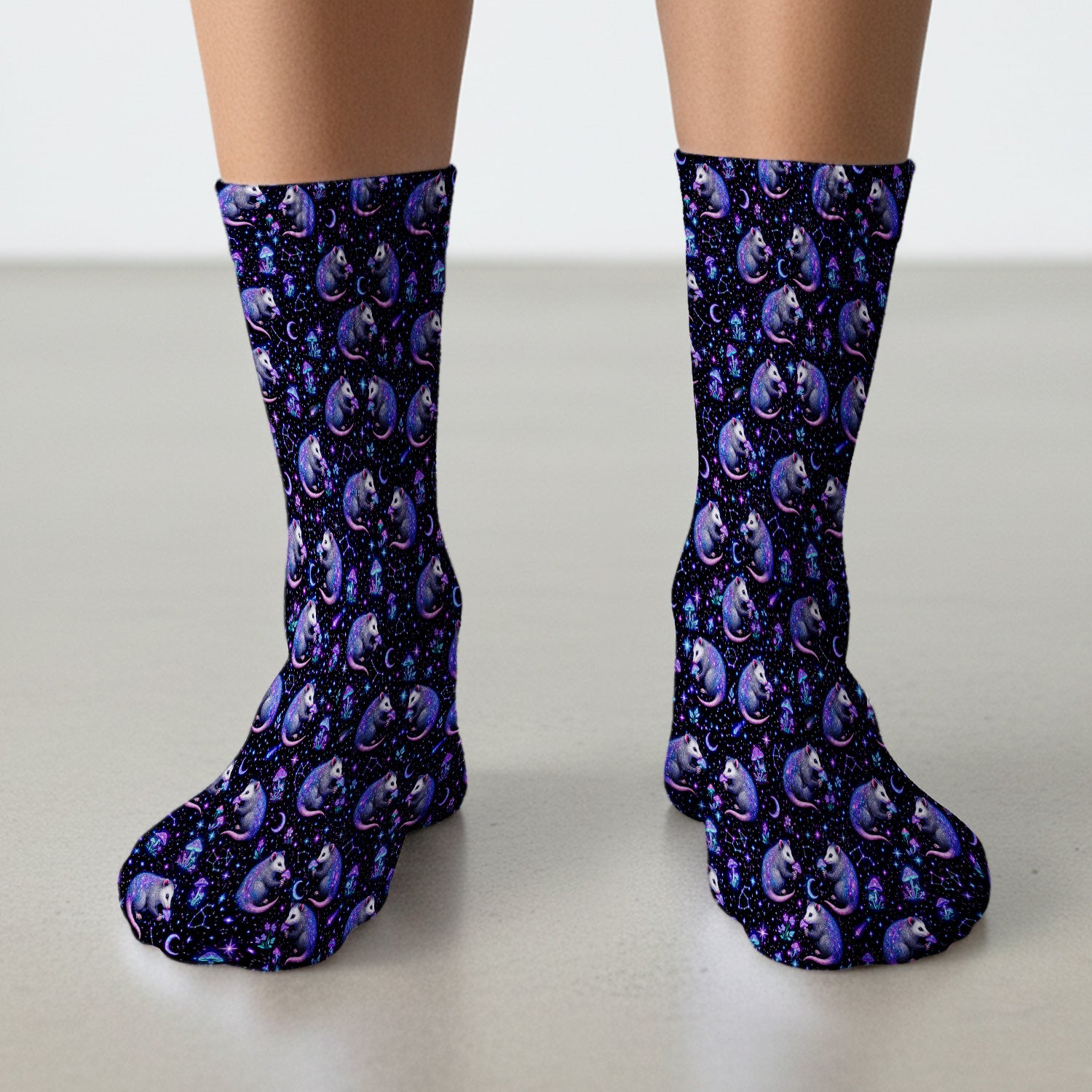 Celestial Purple Opossum With Mushroom Pattern Socks, Adult Socks for Men and Women