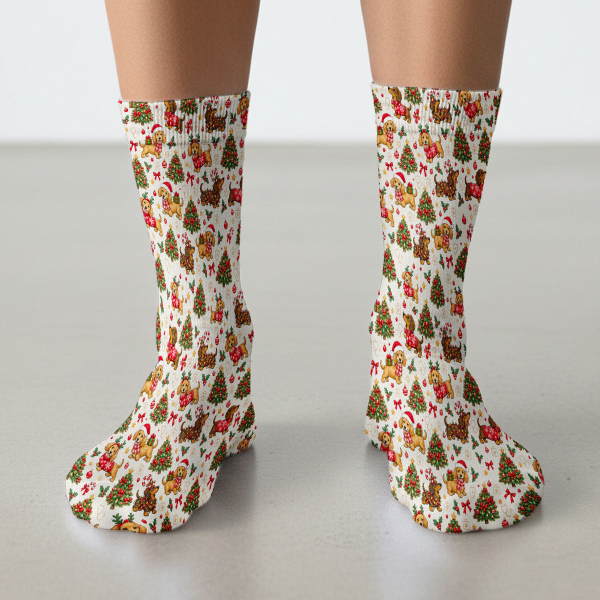 Cute Christmas Dachshund And Tree Pattern Socks, Adult Socks for Men and Women