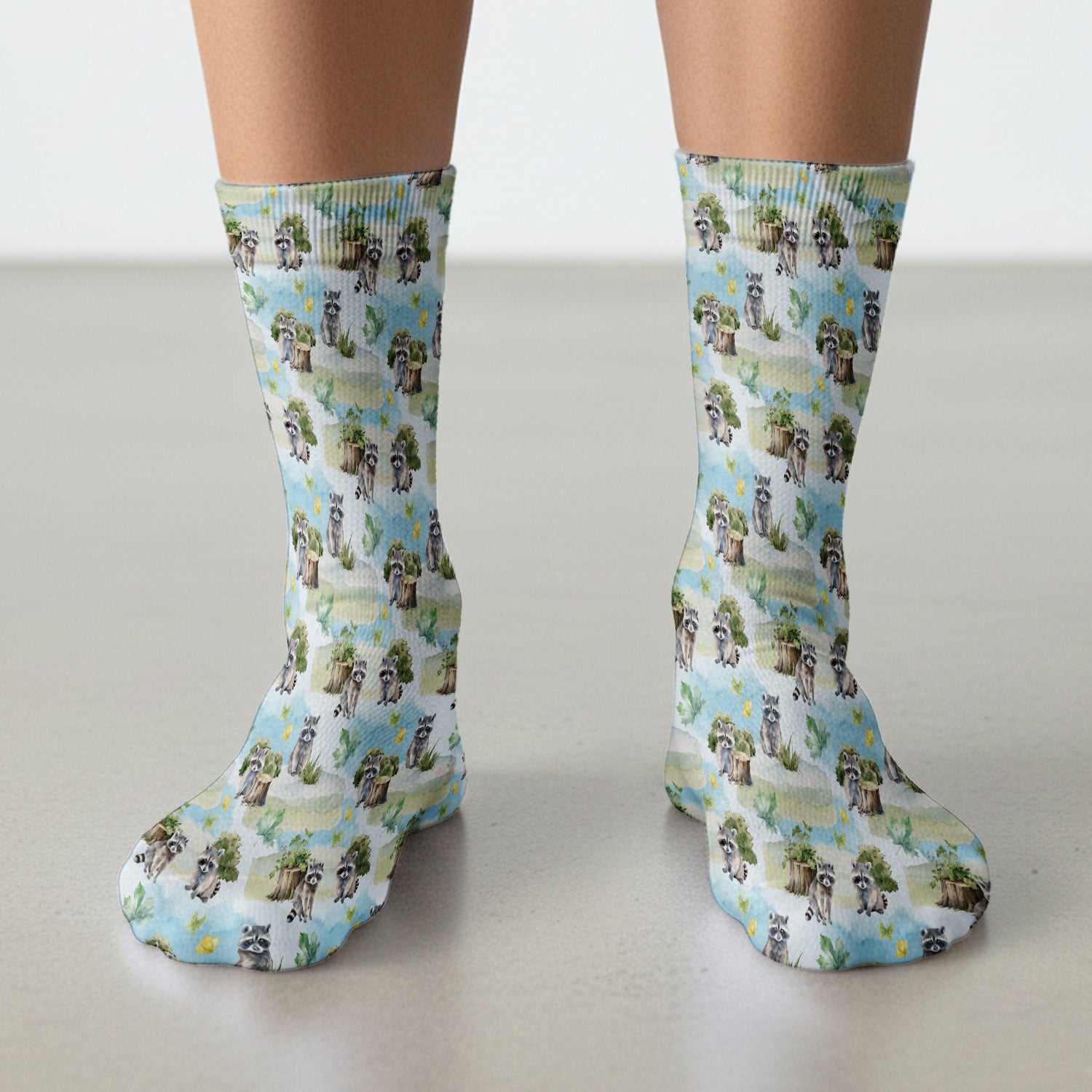 Cute Raccoon Woodland Print Socks, Adult Socks for Men and Women