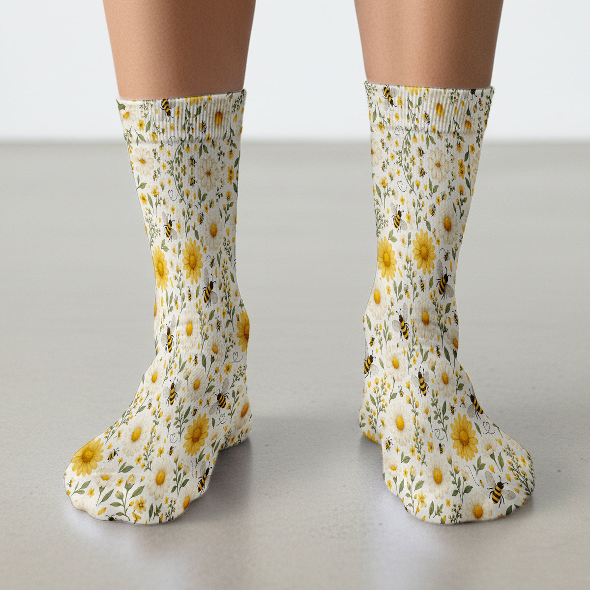 Cute Honey Bee And Daisy Pattern Socks, Adult Socks for Men and Women