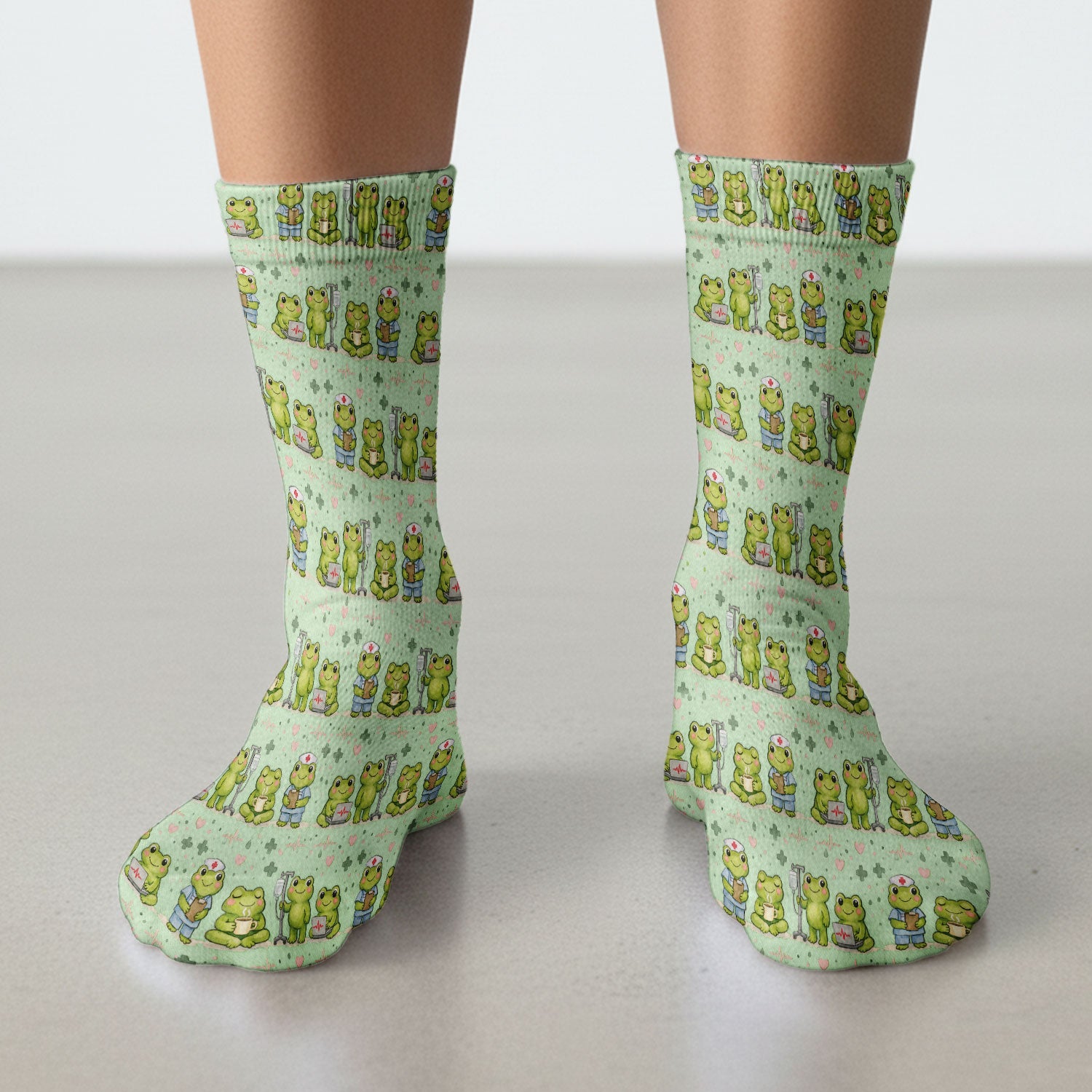 Adorable Frog Nurse Various Poses Print Socks, Breathable Fabrics Medical Uniform