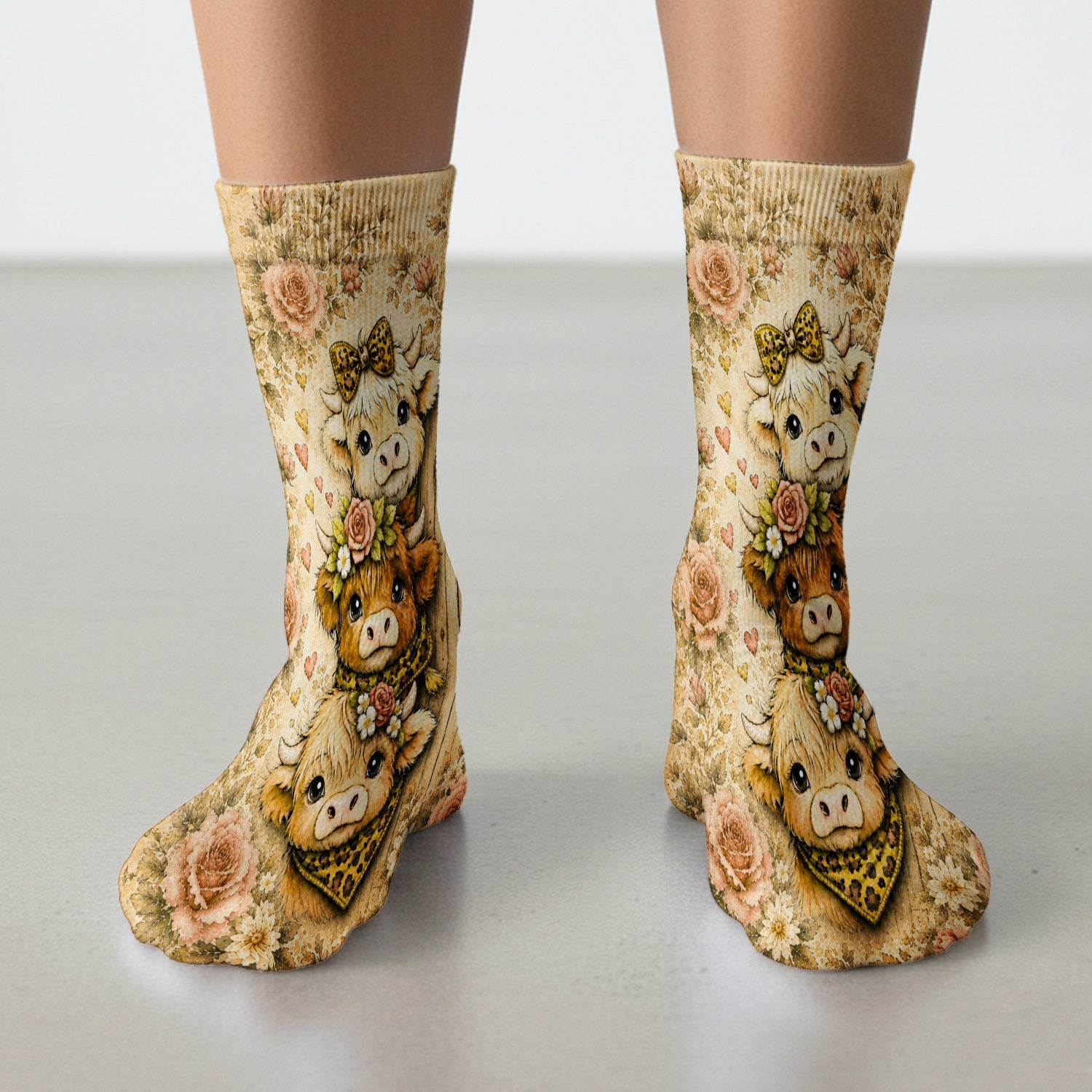 Highland Cow with Floral Farmhouse Socks, Adult Socks for Men and Women