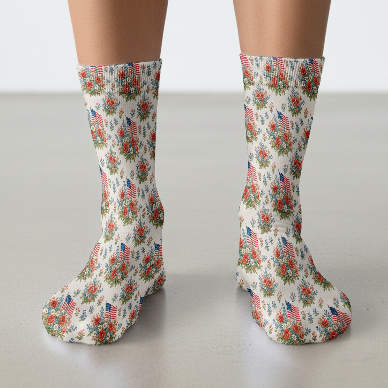 Patriotic Floral With USA Flag Pattern Socks, Adult Socks for Men and Women