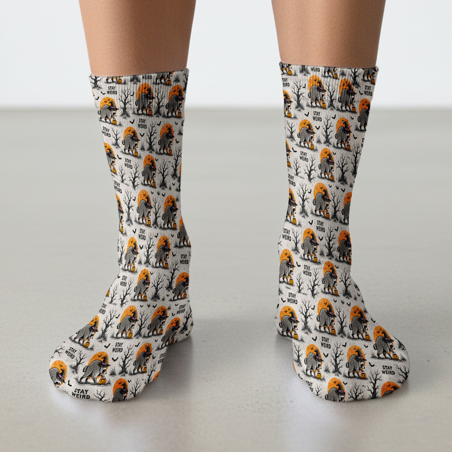Funny Stay Weird Halloween Raccoon Socks, Adult Socks for Men and Women