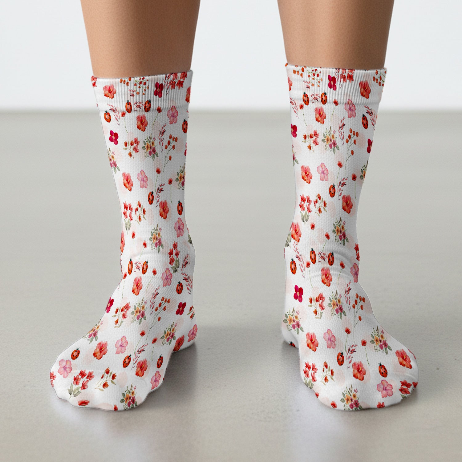 Red Ladybug Floral Garden Pattern Socks, Socks for Nurse Doctor