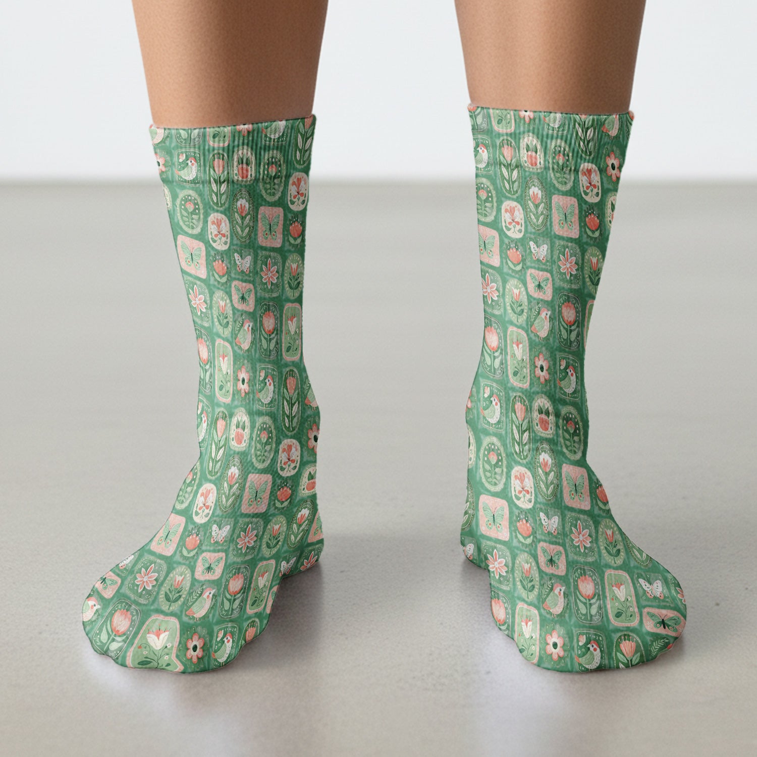Folk Art Floral Bird Butterfly Garden Pattern Socks, Adult Socks for Men and Women