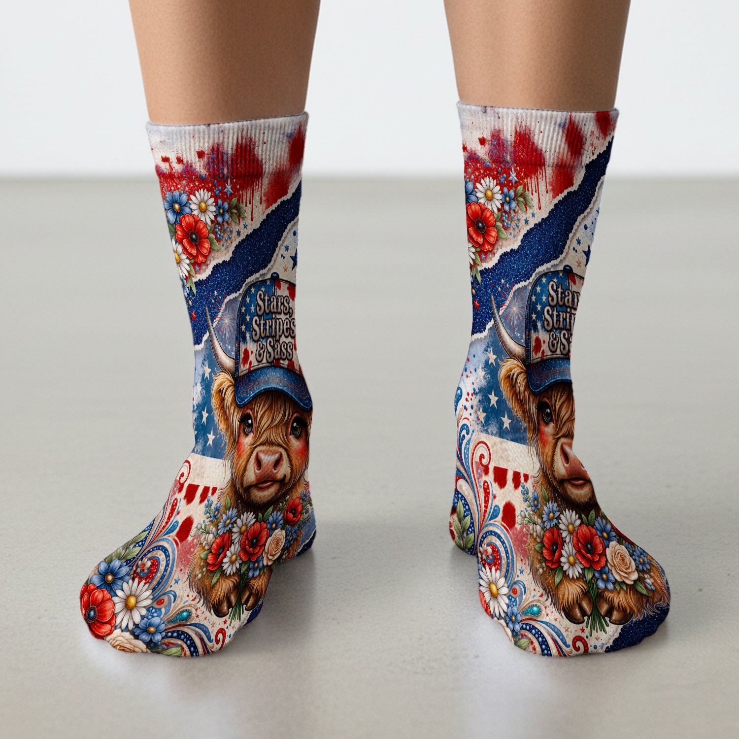Patriotic Highland Cow Nurse Pattern, Healthcare Workers Socks, Adult Socks for Men and Women
