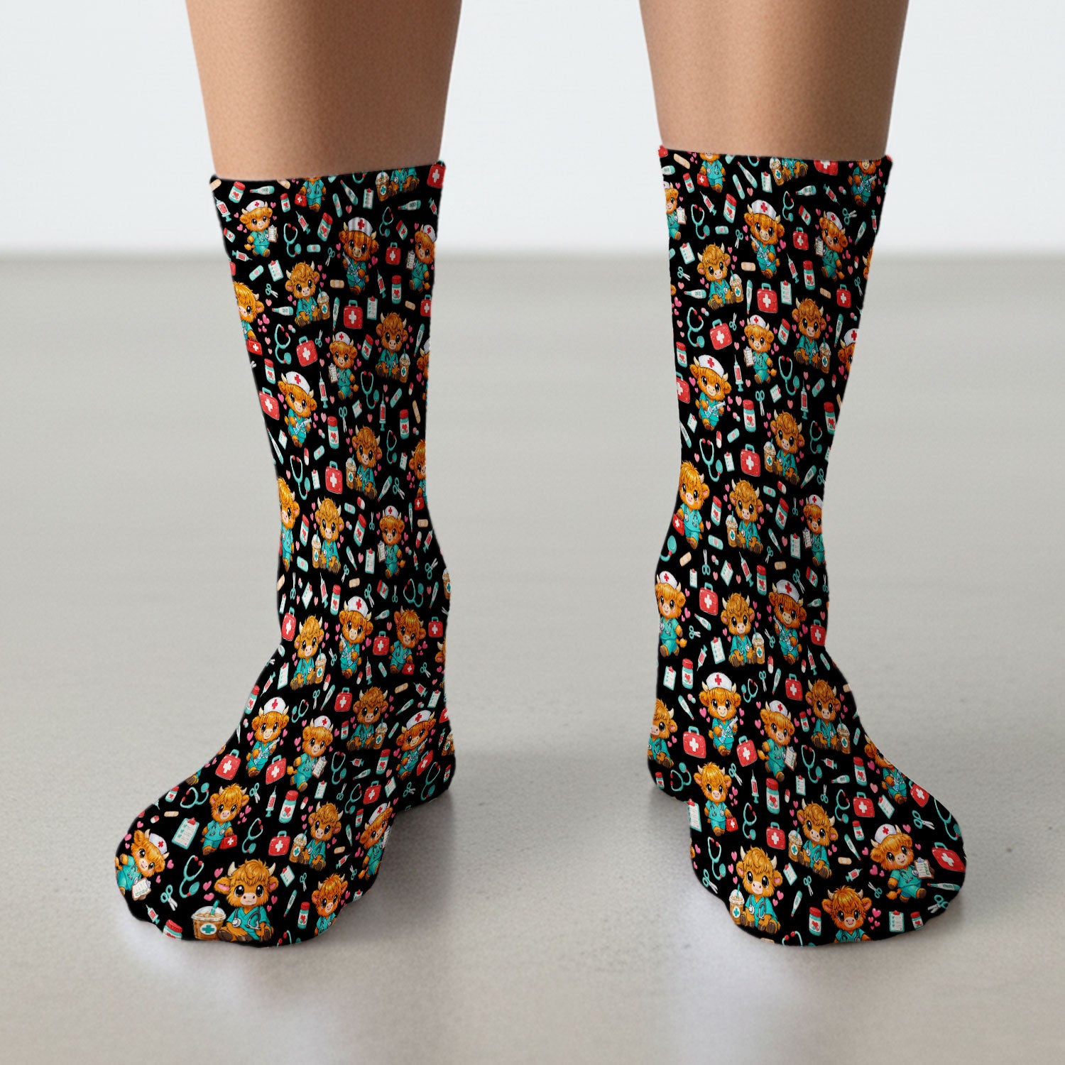Cute Highland Cow Nurse Scrub Socks, Kawaii Medical Pattern Sock, Breathable Fabrics Nursing Uniform