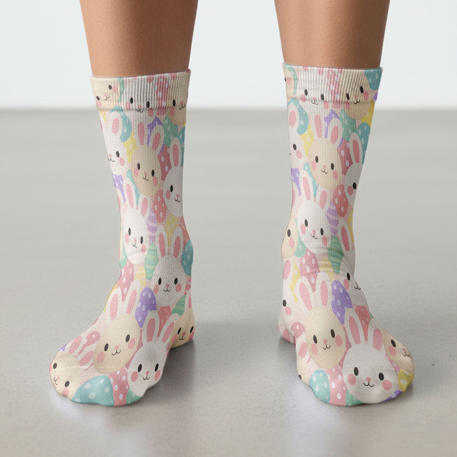 Pastel Bunny Faces Easter Eggs Pattern Socks, Adult Socks for Men and Women