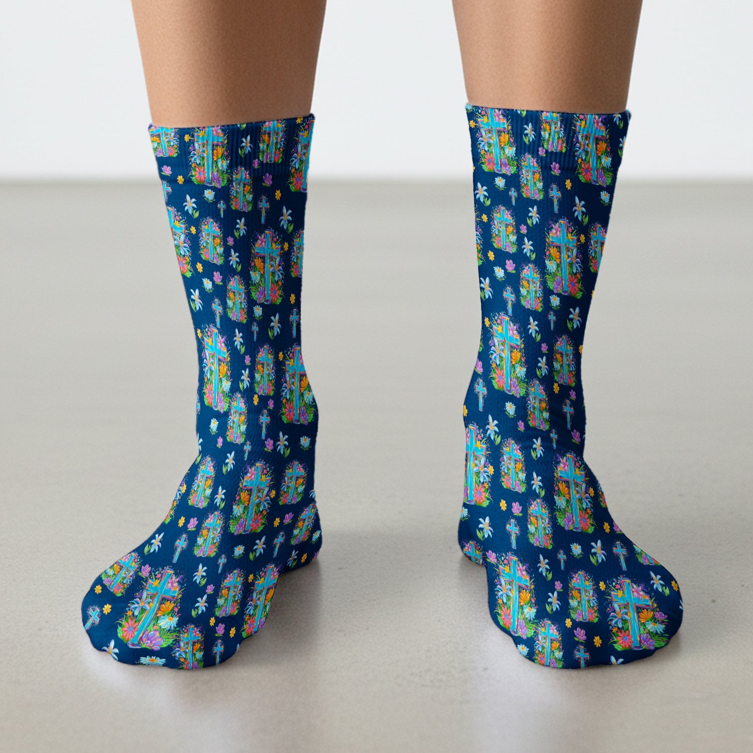 Christian Floral Cross Spring Pattern Socks, Breathable Fabrics Medical Uniform