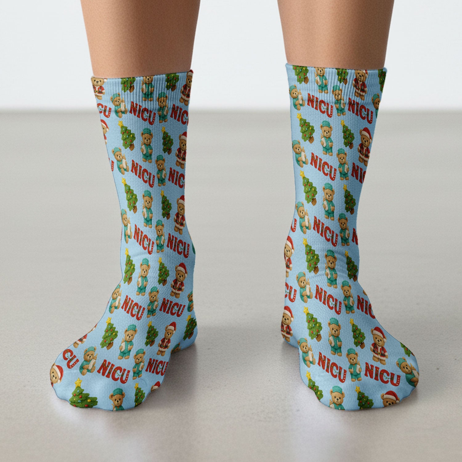 Festive Christmas NICU Nurse Teddy Bear Pattern Print Socks, Adult Socks for Men and Women