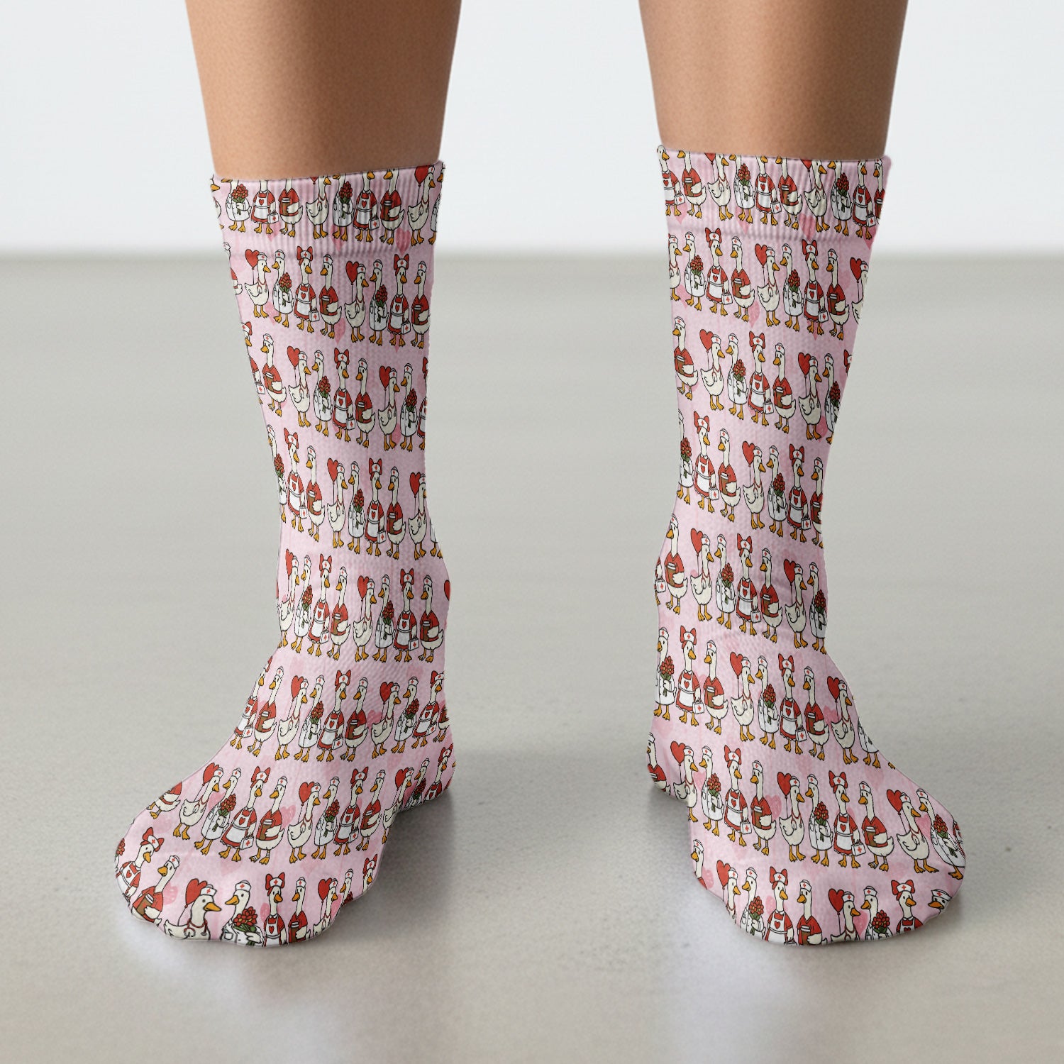 Valentine Nurse Goose with Heart Pattern Socks, Adult Socks for Men and Women