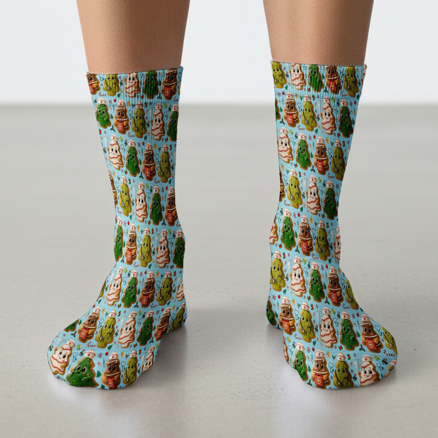 Christmas Cookie Scrub Socks – Festive Nurse & Holiday Tree Pattern – Cute Medical Uniform for Nurses, Vets and Healthcare Workers
