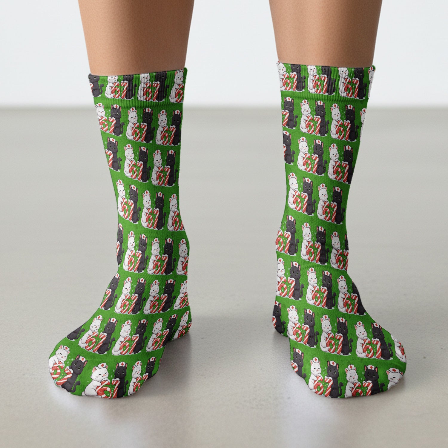Xmas Cat Pattern Scrub Socks, Christmas Nurse Six Seven With Cat Scrub Sock, Breathable Fabrics Nursing Uniform