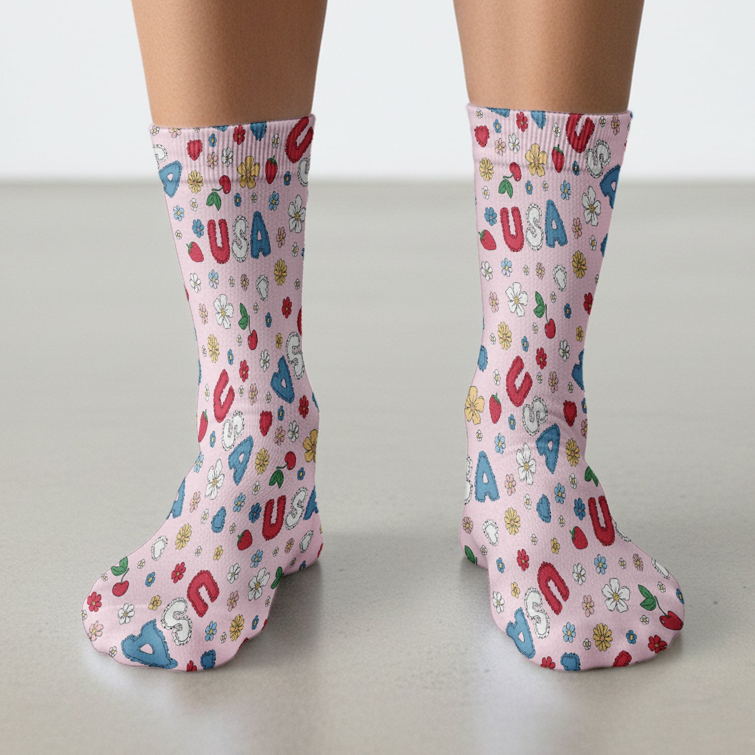 USA Cherry Strawberry Floral Patch Pattern Socks, Breathable Fabrics Medical Uniform