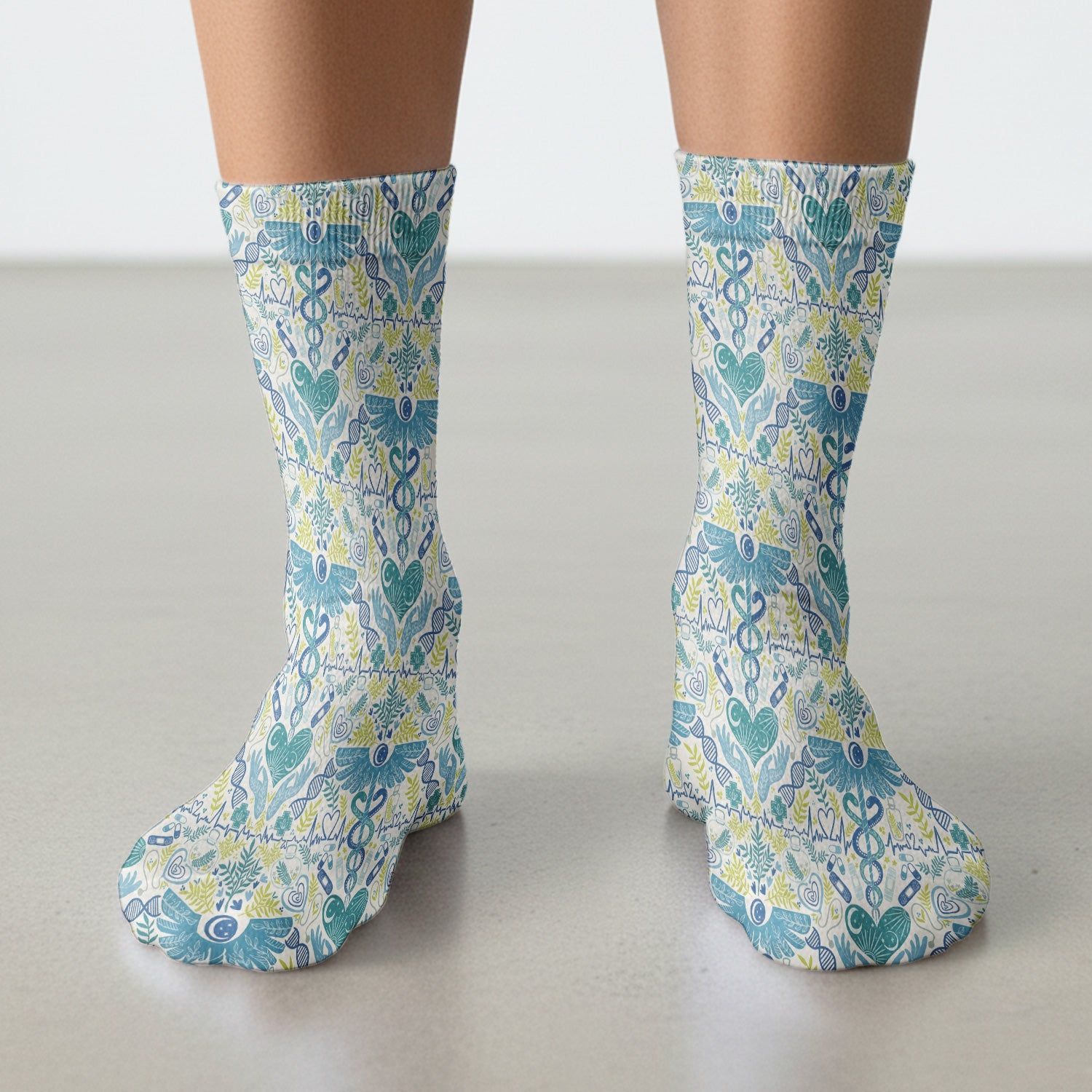 Inspirational Botanical Medical Caduceus Heart Nurse Pattern Socks, Breathable Fabrics Medical Uniform