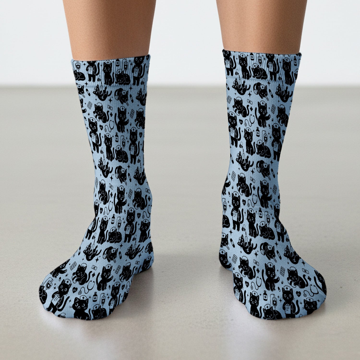 Cute Black Cat Nurse Pattern Socks, Adult Socks for Men and Women