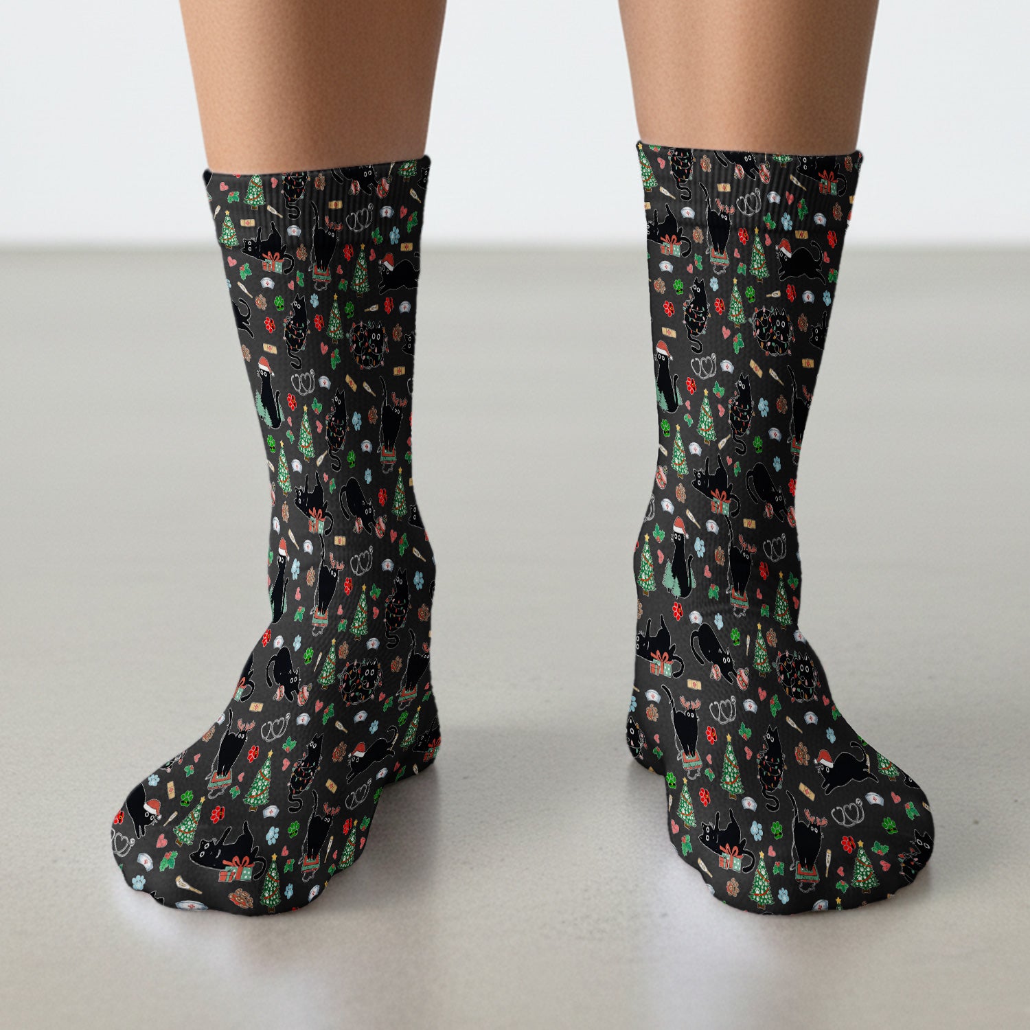 Black Cat Christmas Nurse Scrub Socks, Festive Kitty Medical Uniform for Women