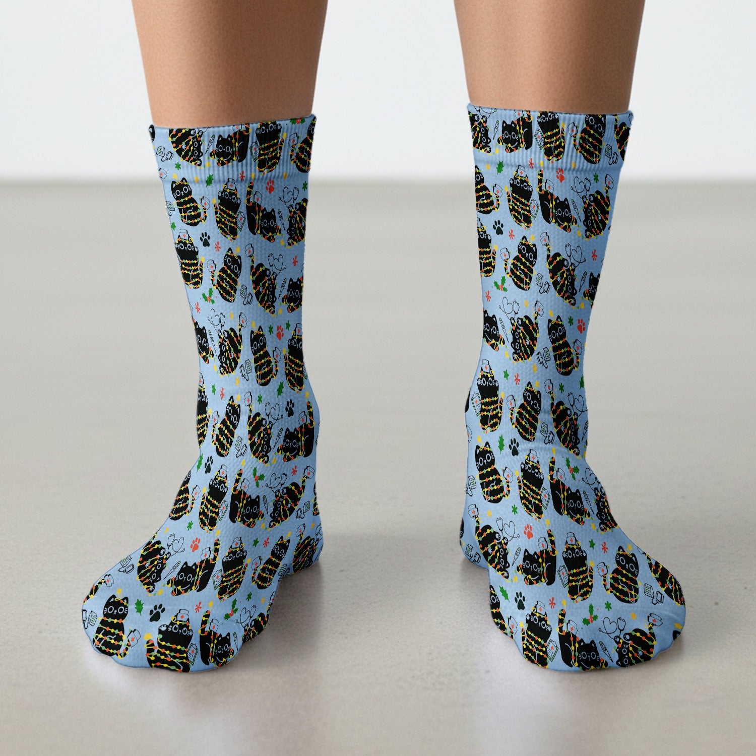 Black Cat Christmas Scrub Socks – Nurse & Holiday Lights Pattern Sock – Cute Medical Uniform For Nursing