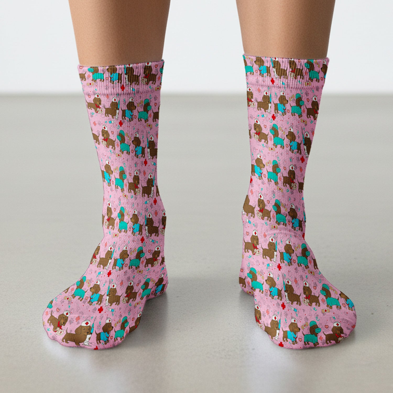Cute Wiener Dog Dachshund Nurse Scrub Socks, Funny Dachshund Dog Scrubs Sock, Breathable Fabrics Nursing Uniform