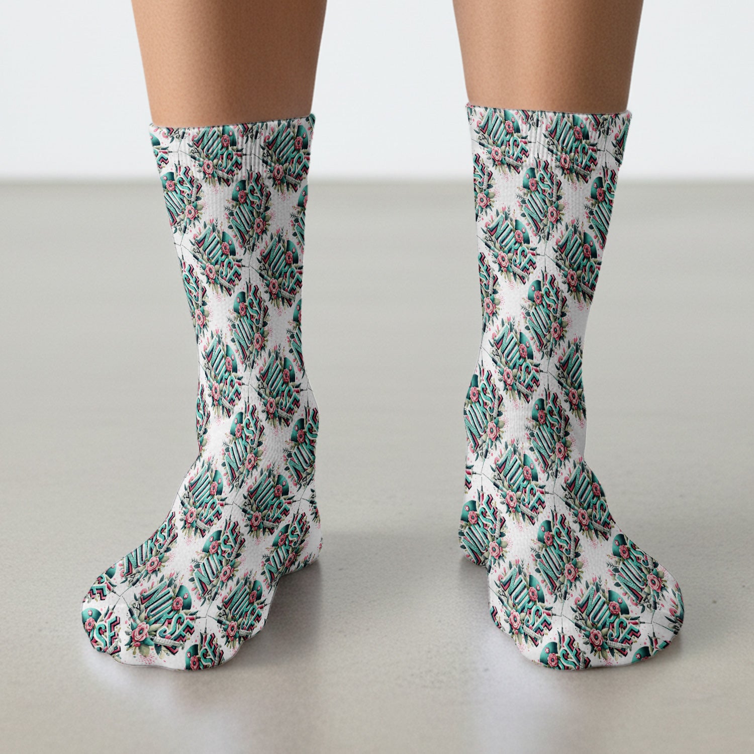 Cute Nurse Typography Floral Medical Pattern Socks, Breathable Fabrics Medical Uniform