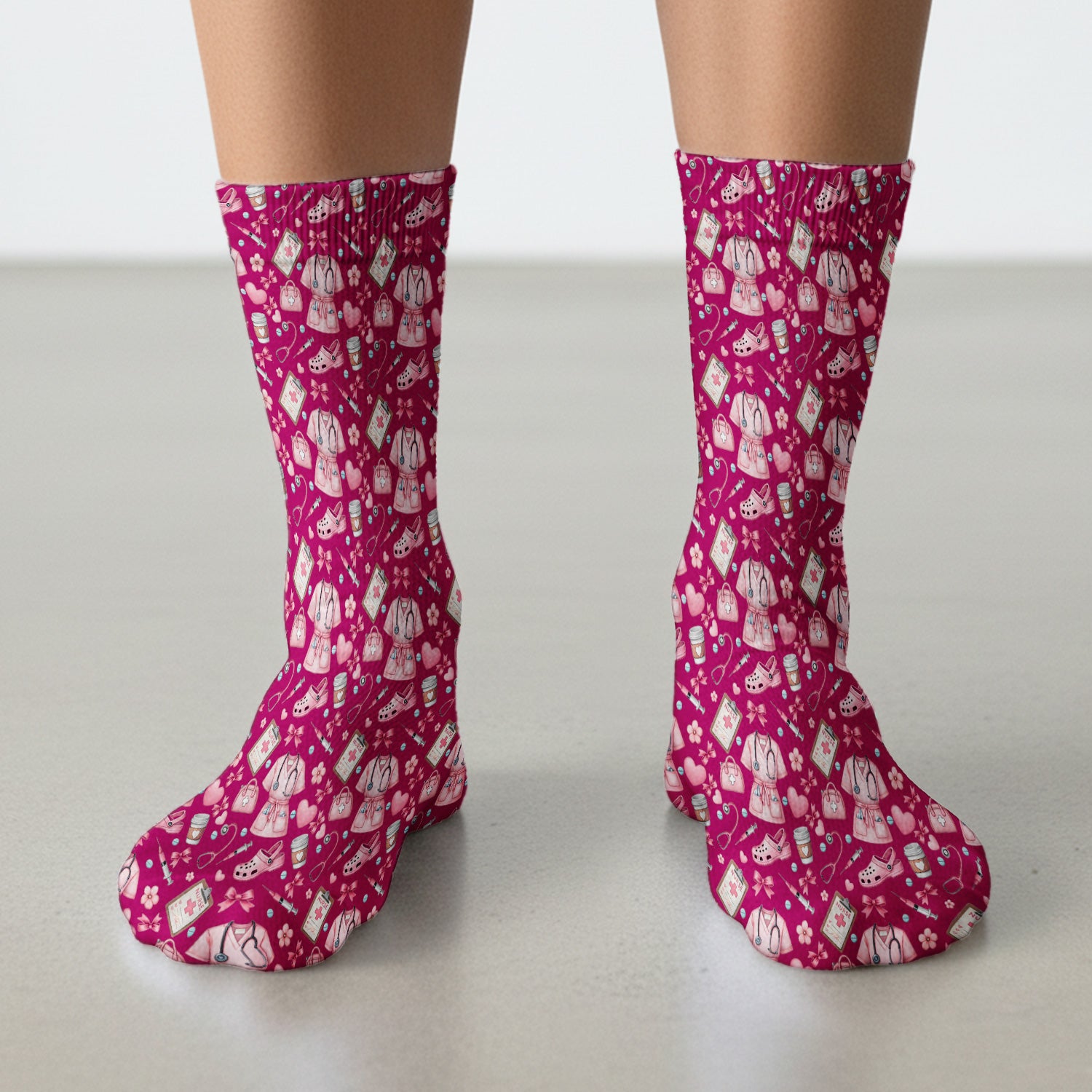 Valentine Pink Nurse Icons Print Medical Socks, Socks for Nurse Doctor