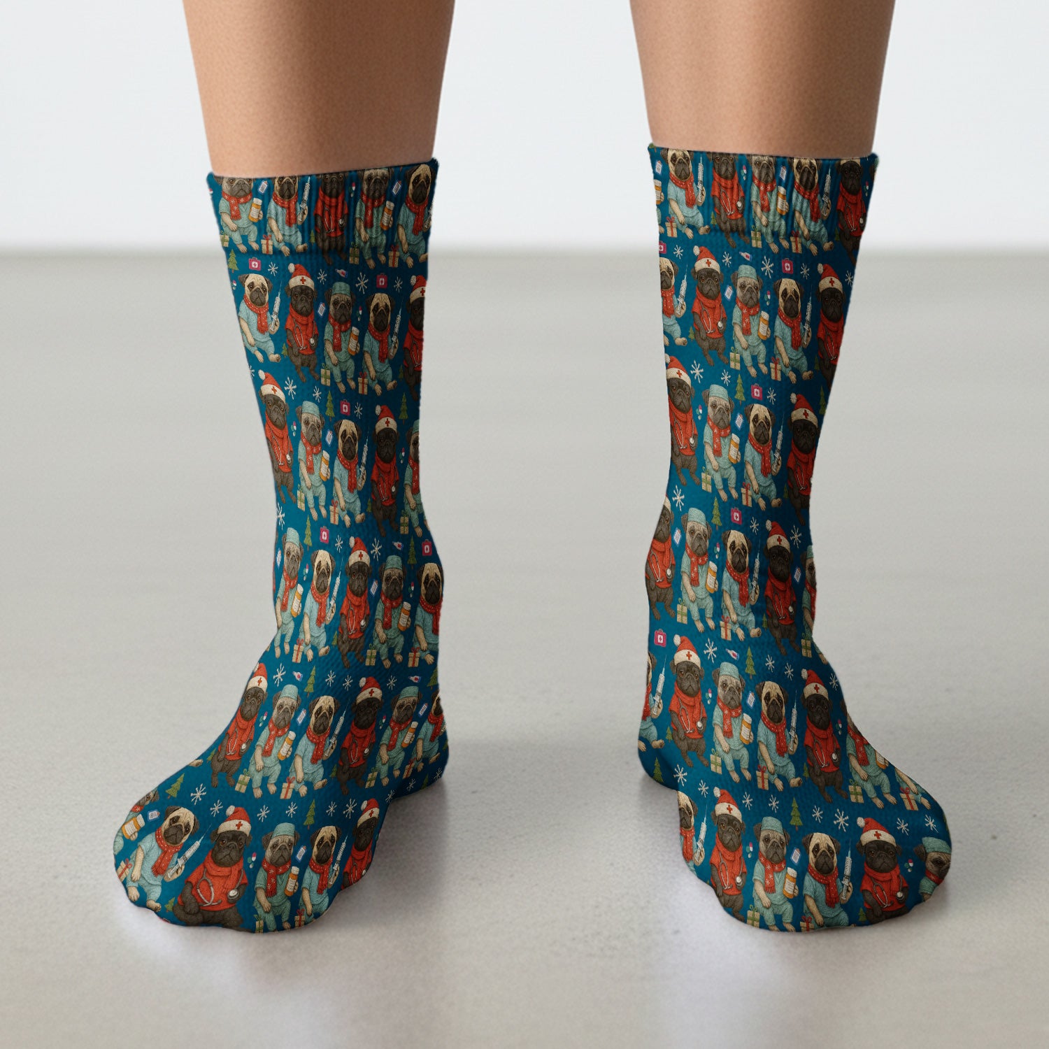 Christmas Pug Nurse Scrub Socks, Cute Holiday Dog Medical Uniform Shirt For Nursing