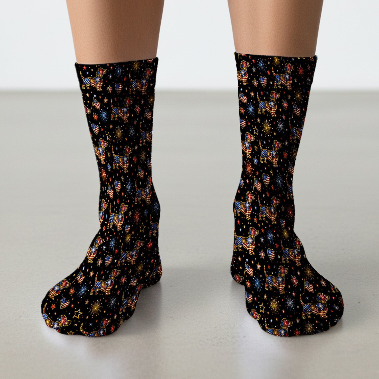 Patriotic Dachshund Nurse for RN & CNA, Fireworks Dog Lover Healthcare Uniform Socks, Adult Socks for Men and Women