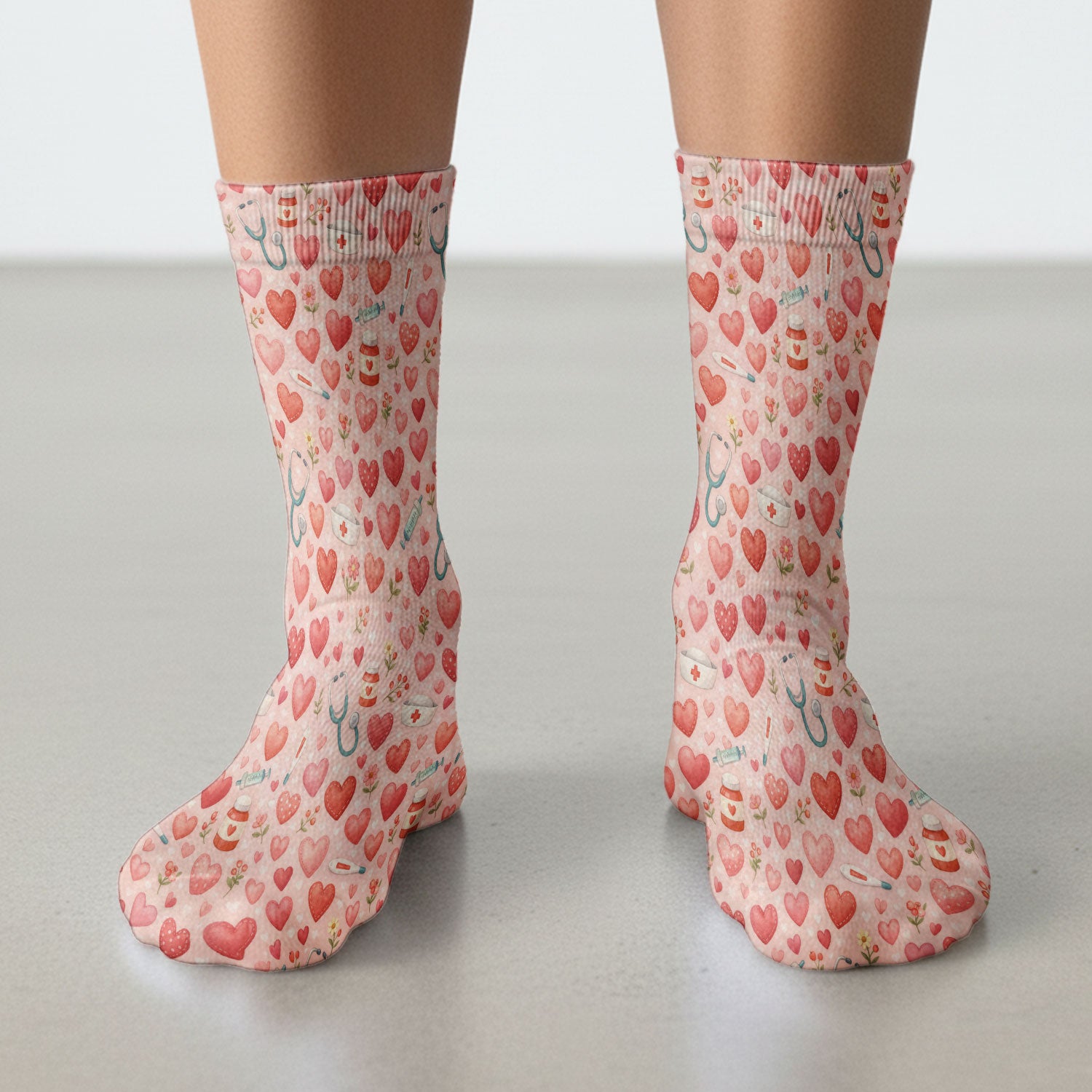 Cute Medical Heart Pattern Scrub Socks, Valentine Nurse Scrub Sock, Breathable Fabrics Nursing Uniform