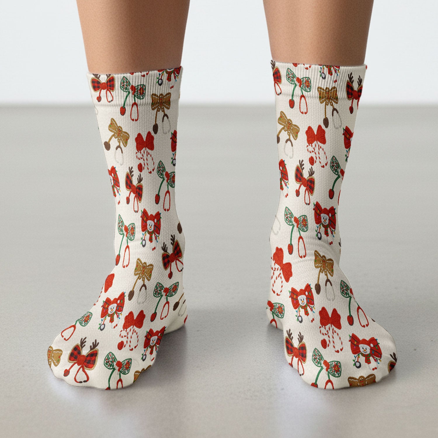 Christmas Stethoscope Bow Nurse Scrub Socks, Xmas Pattern Scrub Sock, Holiday Nursing Uniform