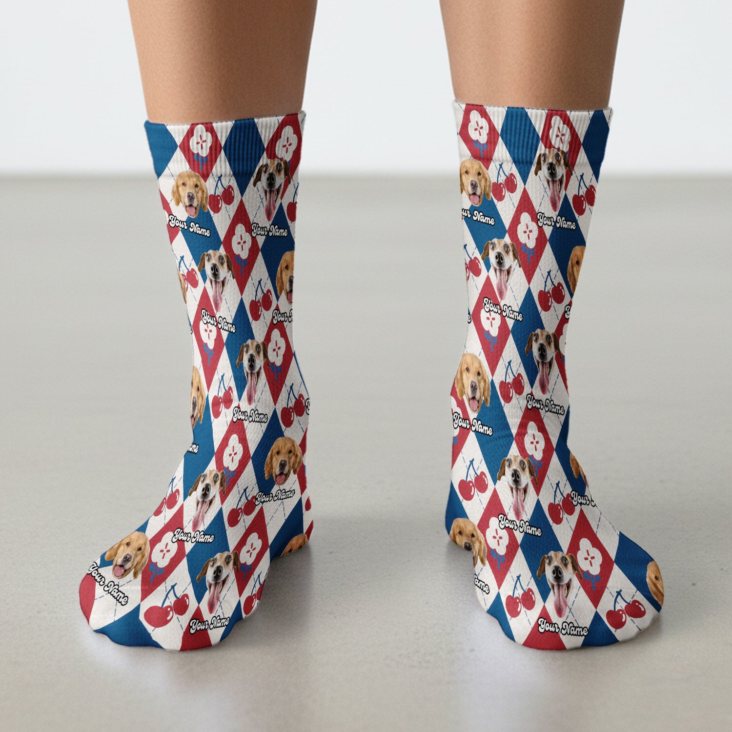 Custom Dog Face Sock, Playful Dog Cherry Argyle Pattern, Breathable Fabrics Medical Uniform