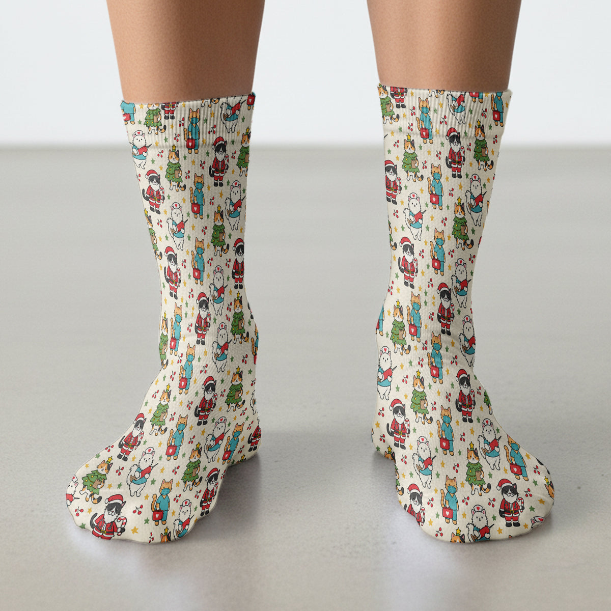 Christmas Cats In Nurse And Santa Outfits Socks, Adult Socks for Men and Women