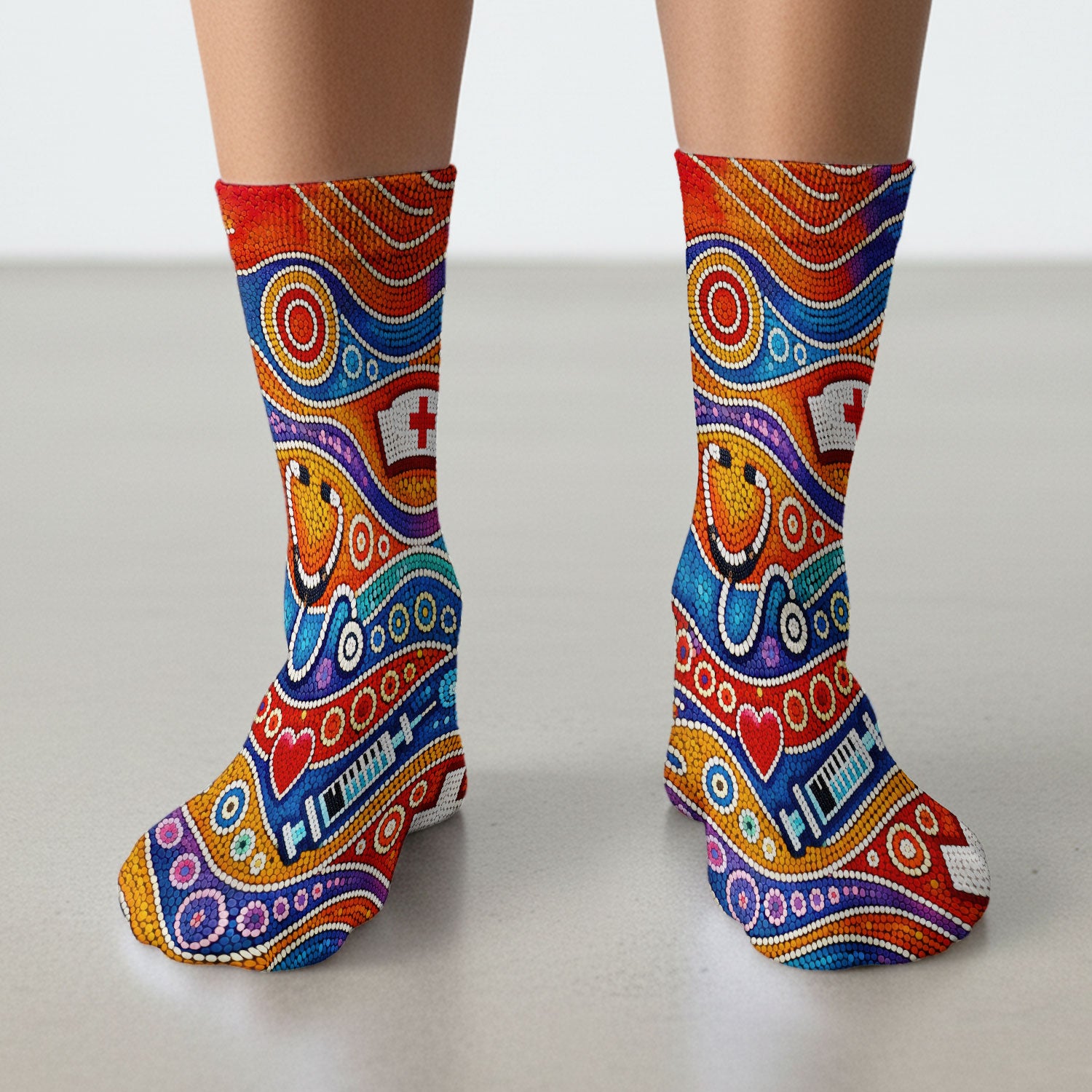 Aboriginal Dot Art Nurse Scrub Socks, Artistic Medical Pattern Sock, Breathable Fabrics Nursing Uniform